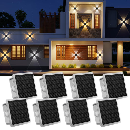AUDLES Solar Wall Lights Outdoor Waterproof, 4-Sided Glow Solar Fence Lights, 3000K 4000K 6000K 3 Color Temperature Solar Wall Sconce for Garden Patio House Porch Poolside Decor-8 Pack