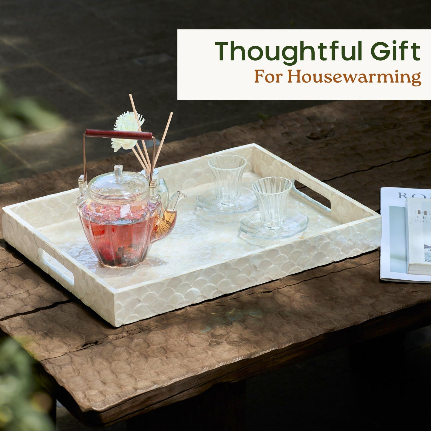 CHI AN HOME Capiz Decorative Tray 15.8” x 11.8” x 1.8" Rectangular Tray, Natural Handmade Serving Tray with Handles for Coffee Tables, Ottoman, Vanity, Kitchen, Coastal Boho Home Decor, White