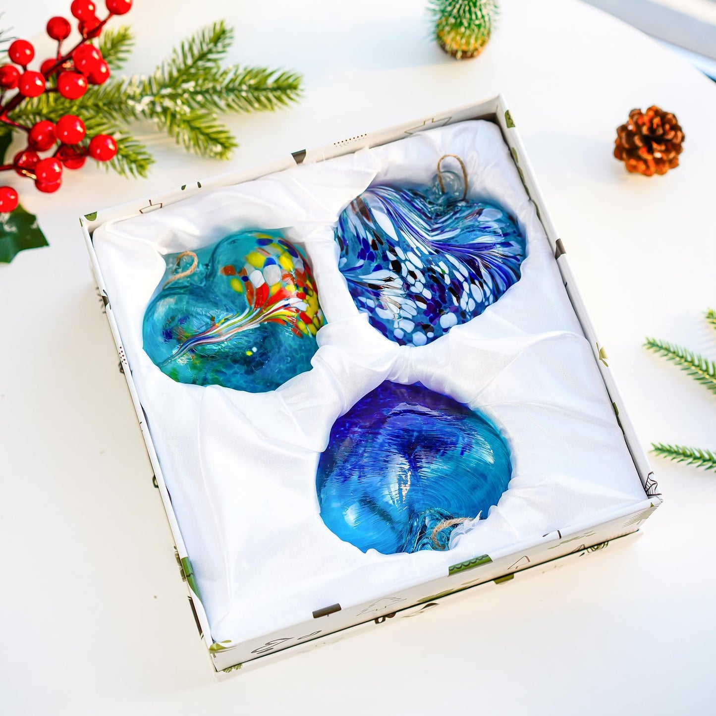 Set of 3 Handmade Glass Heart Ornaments 3.9 Inch Blue Friendship Heart Decor for Garden Home Centerpiece Gifts for Women