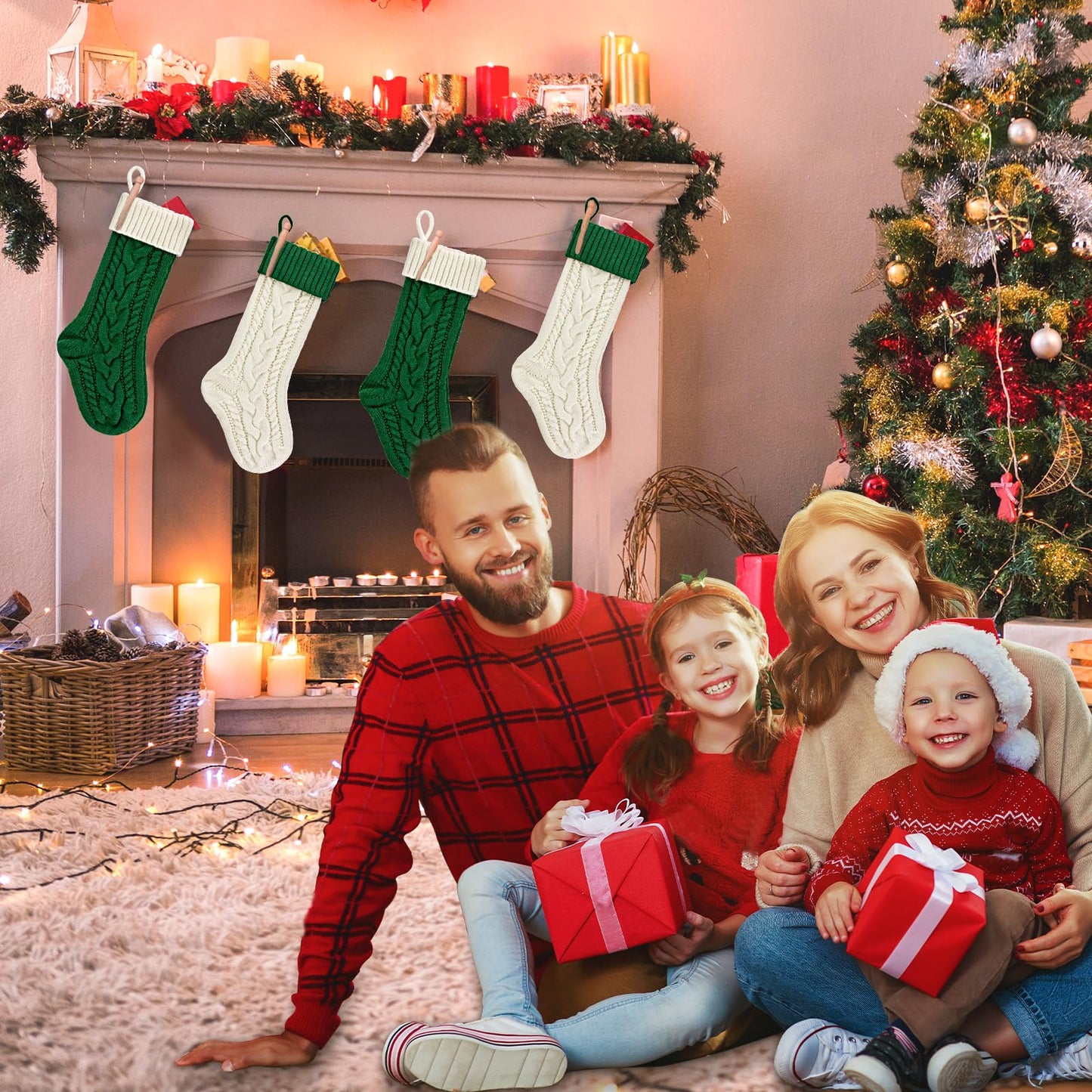 PETOX 2 Pack 18" Personalized Christmas Stockings, 18inch Large Cable Knitted Xmas Hanging Stocking Decorations for Holiday Christmas Party Family Decor (Lvory/Green)