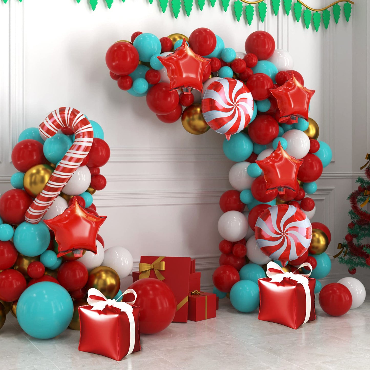 HOUSE OF PARTY Christmas Balloons Arch Kit - Christmas Balloons Decorations Red, Teal, White with Candy Cane | Mylar Balloons with Candy Cane for Xmas Decoration