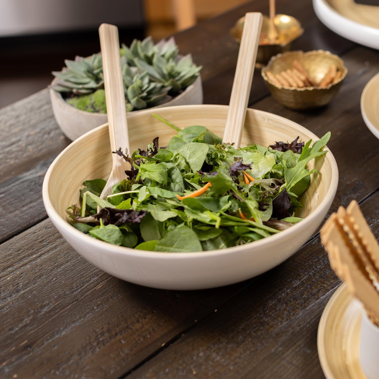 LEXA 12" Handmade Bamboo Salad Bowl – 130 oz Large Wooden Fruit Bowl for Kitchen Counter, White