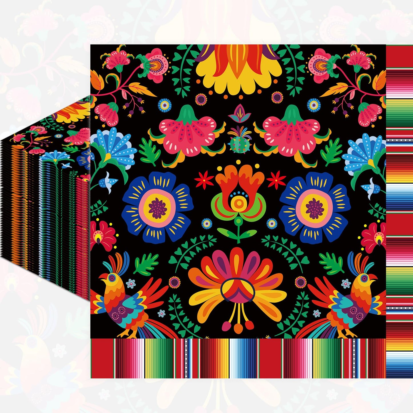 Pack of 50, Mexican Fiesta Napkins, Colorful Floral and Serape Stripe Design, Disposable Paper Napkins for Cinco de Mayo, Taco Night, Birthdays, Mexican-Themed Party Supplies, 13x13 Inches Unfolded