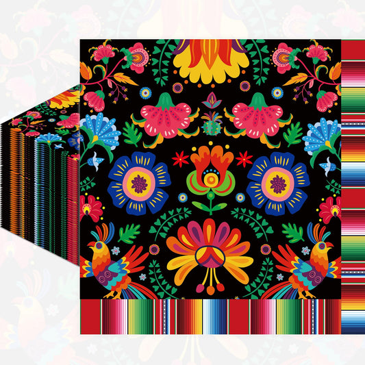 Pack of 50, Mexican Fiesta Napkins, Colorful Floral and Serape Stripe Design, Disposable Paper Napkins for Cinco de Mayo, Taco Night, Birthdays, Mexican-Themed Party Supplies, 13x13 Inches Unfolded