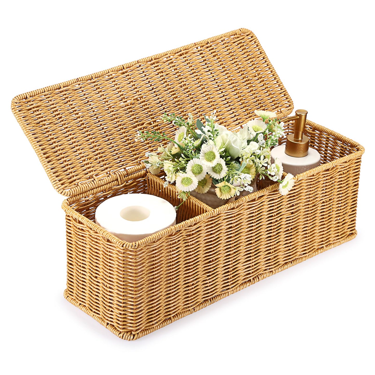 Sumnacon Wicker Storage Basket with Lid, Rectangular Narrow Baskets for Bathroom, Farmhouse Imitation Rattan Bin with Dividers, Decorative Handwoven Tray Organizer for Countertop Shelves Toilet Tank