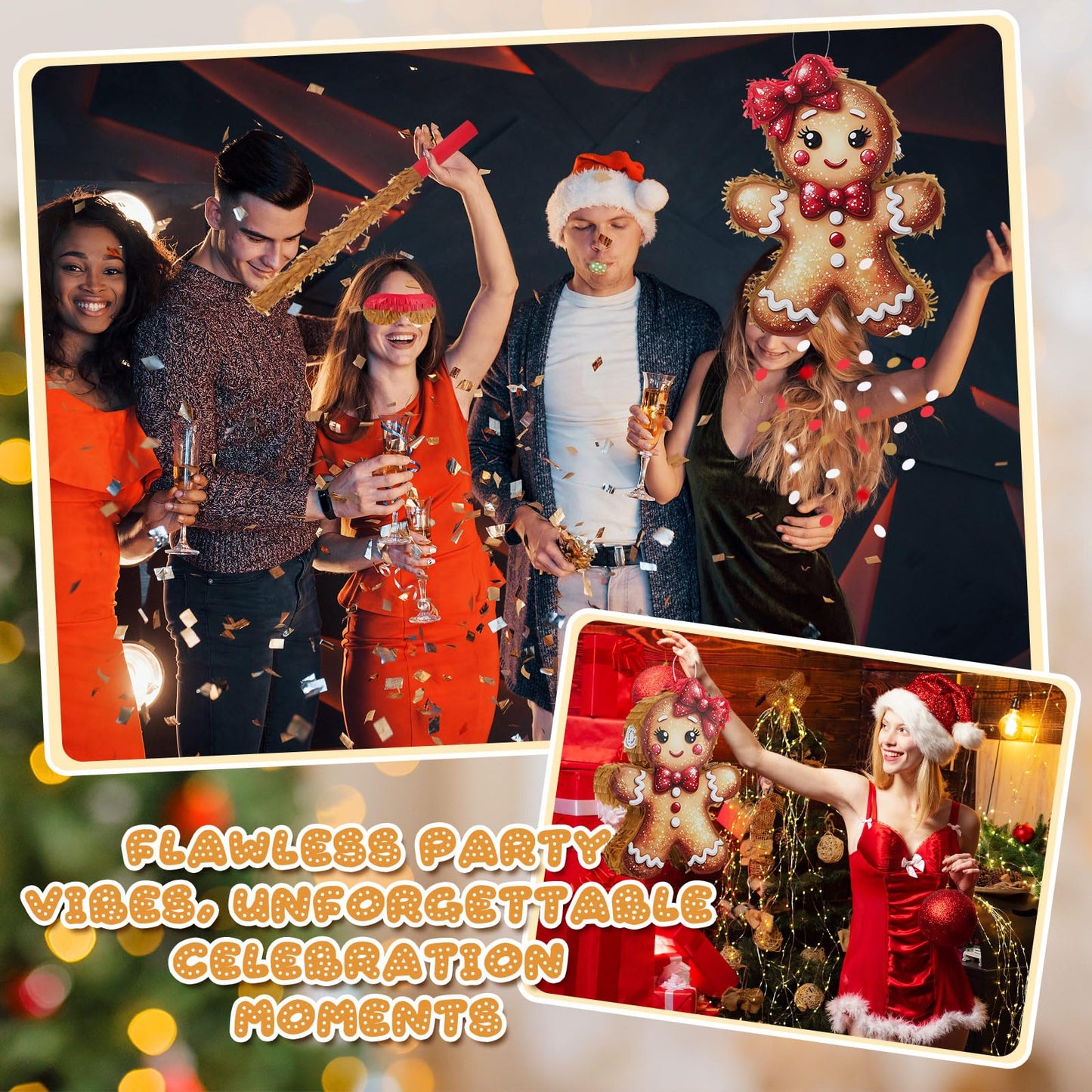 HyDren Christmas Gingerbread Girl Piñata Decorations Christmas Mexican Piñata with Stick Confetti and Blindfold Bundle for Xmas Favors Party Decors Holiday Photo Props (15.7"x11.8"x3")
