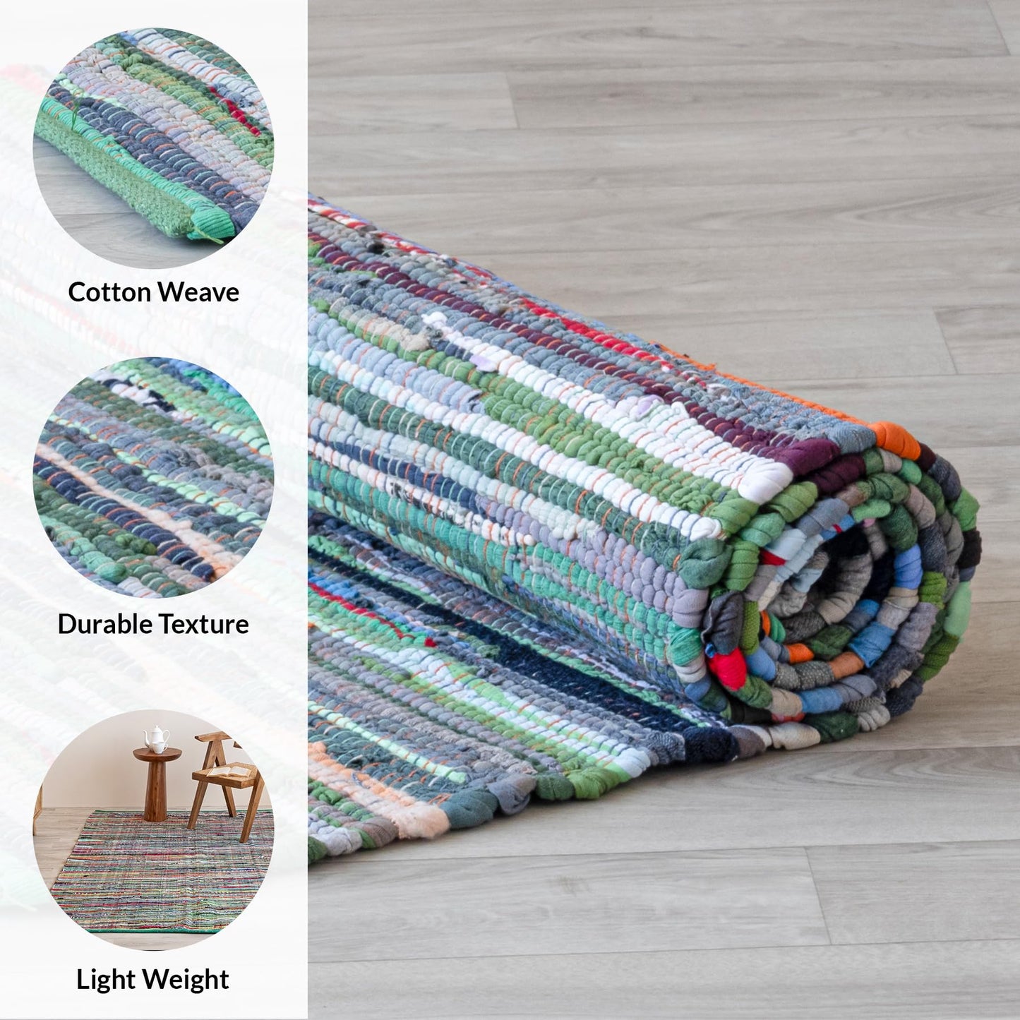 HOMEMONDE Boho Chindi Rag Rug 20"x32" Multi Green Recycled Soft Cotton Fabric Hand Crafted Reversible Boho Rugs for Entyrway, Doormat, Kitchen, Bedroom, Living Room