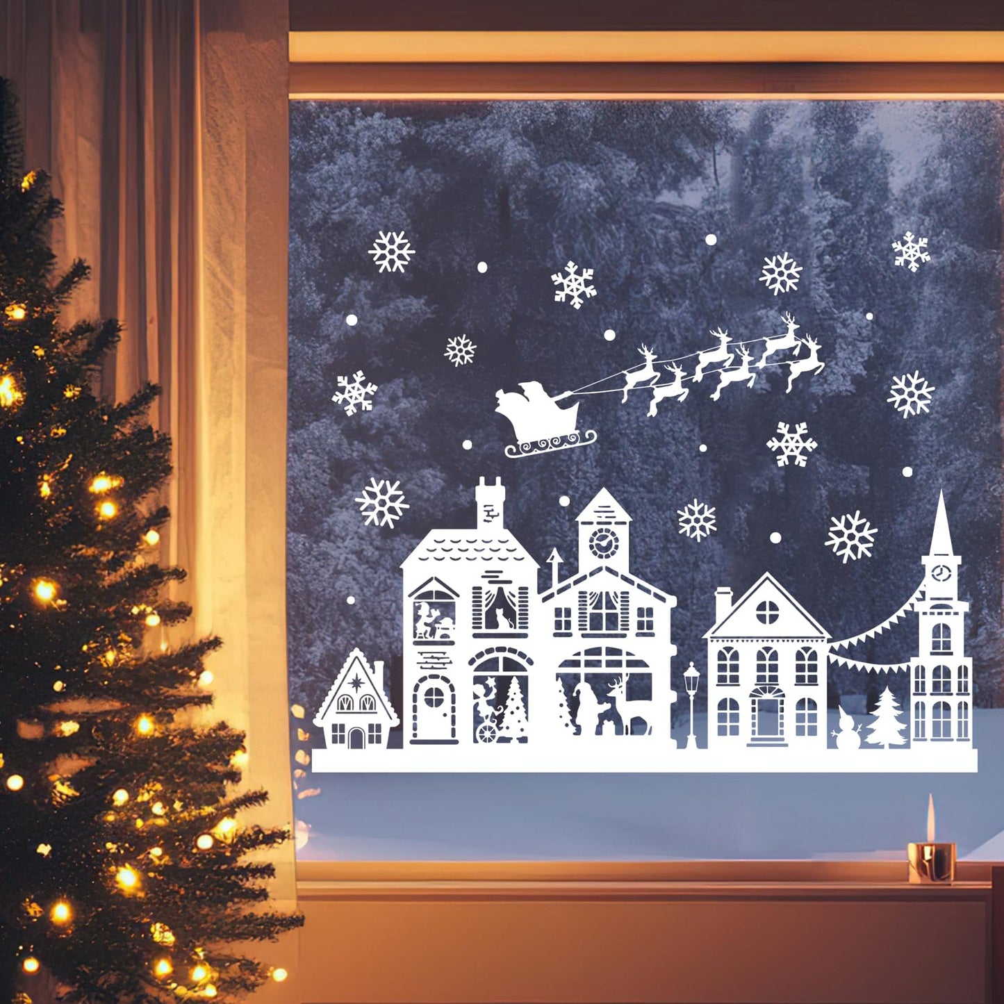 Mfault Christmas White House Window Clings, Xmas Santa Claus Reindeer Snowflake Stickers Decals Decorations, Snowy Winter Holiday Sleigh Home Kitchen Decor