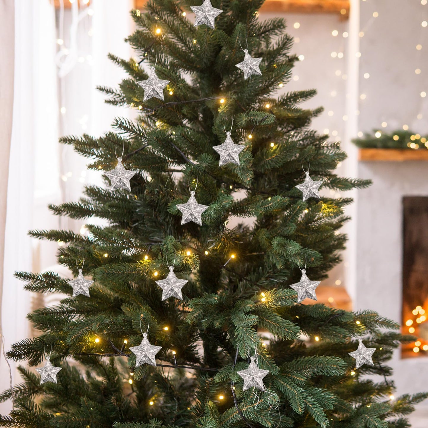 Shappy 48 Pcs Glitter Star Ornaments Christmas Tree Mini Hanging Stars Christmas Decorations Plastic Festive Embellishments for Holiday Party Weddings Home Decoration (Silver)