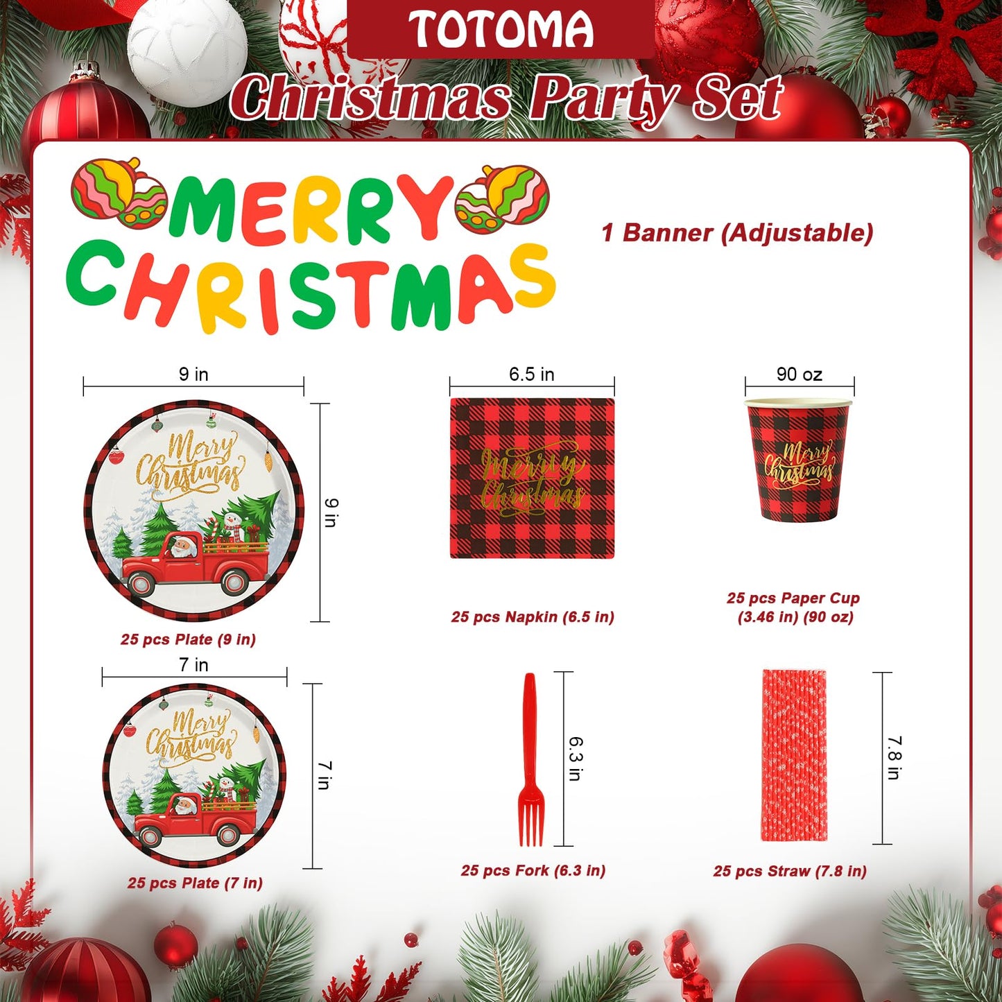 TOTOMA Christmas Party Decorations Paper Plates & Napkins 25 Guest, Disposable Plates Set, Holiday Paper Plates, Napkins, Cups with Golden Print, Santa Driving Pattern, Straws, Banner for Christmas