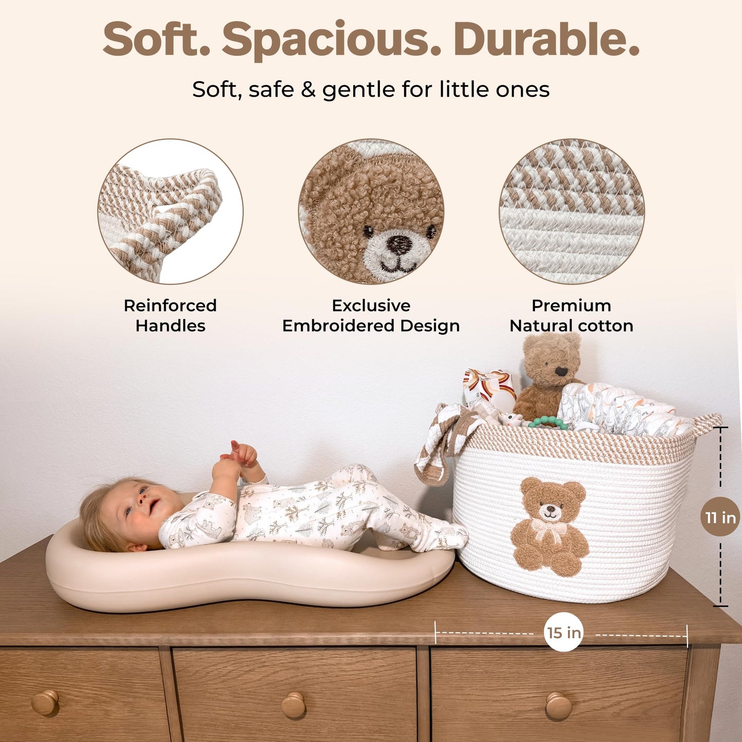 Teddy Bear Storage Basket for Nursery – Large 15"x11" Cotton Rope Bin with Soft Embroidered Bear Patch – Gender Neutral Toy Organizer, Baby Laundry Hamper, Blanket & Diaper Holder