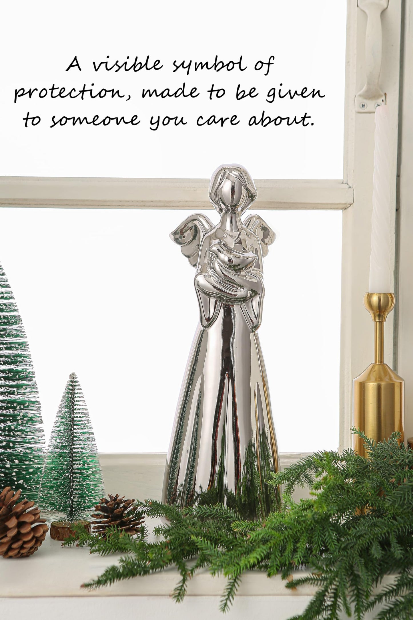 SURE YUESI for Mom from Daughter Son Kids- Statue Sculptures 13.8 Inch Ceramic Angel Figurine, Home Decor for Bedroom, Bathroom, Entryway, Bookshelf, Fireplace, TV Stand, Console Table- Silver