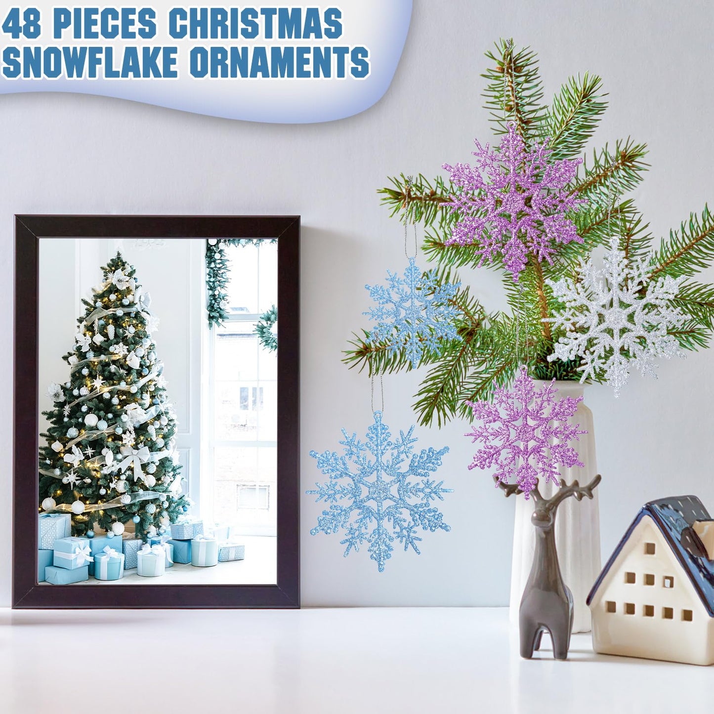 Sumind 48 Pieces Winter Snowflake Ornaments 3 Sized 2, 3, 4 Inches Plastic Glittered Snowflakes Hanging Tree Decoration Winter Window Ornament Birthday Party Supply(Silver, Blue, Purple)