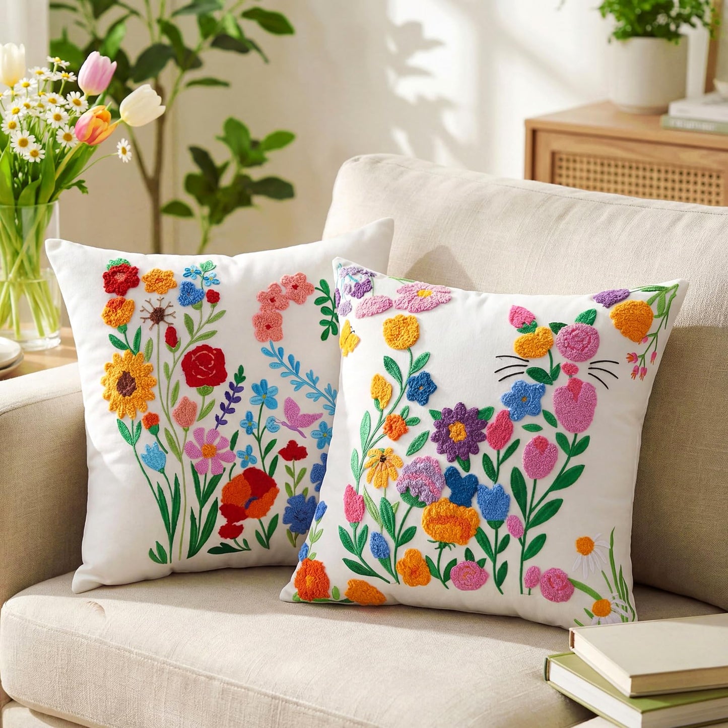 Mindsoft 2 Pcs Flower Throw Pillow Covers 18 x 18 Inch Spring Embroidered Pillow Cover with Zipper Colorful Floral Pillowcase Soft Boho Cushion Case for Living Room Couch Sofa Bed