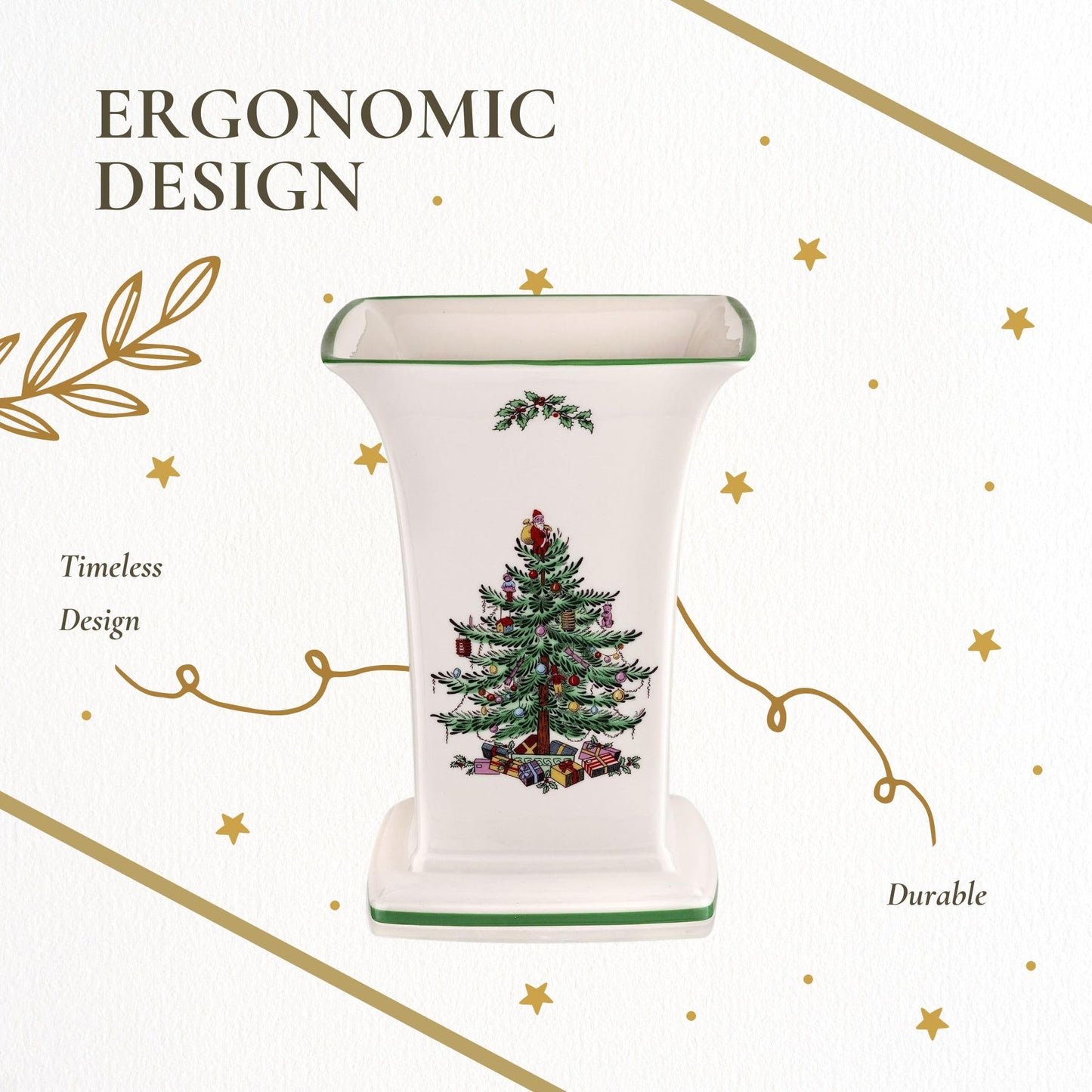 Spode Christmas Tree Square Vase, 8-Inch Festive Vase for Flowers & Holiday Decor - Fine Earthenware Centerpiece for Christmas Table, Mantle, Seasonal Floral Arrangements, Dishwasher Safe