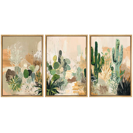 wall26 Framed Canvas Print Wall Art Set Desert Botanicals Triptych in Soft Earth Tones Illustrations Modern Art Decorative Multicolor for Living Room, Bedroom, Office - 24"x36"x3 NATURAL