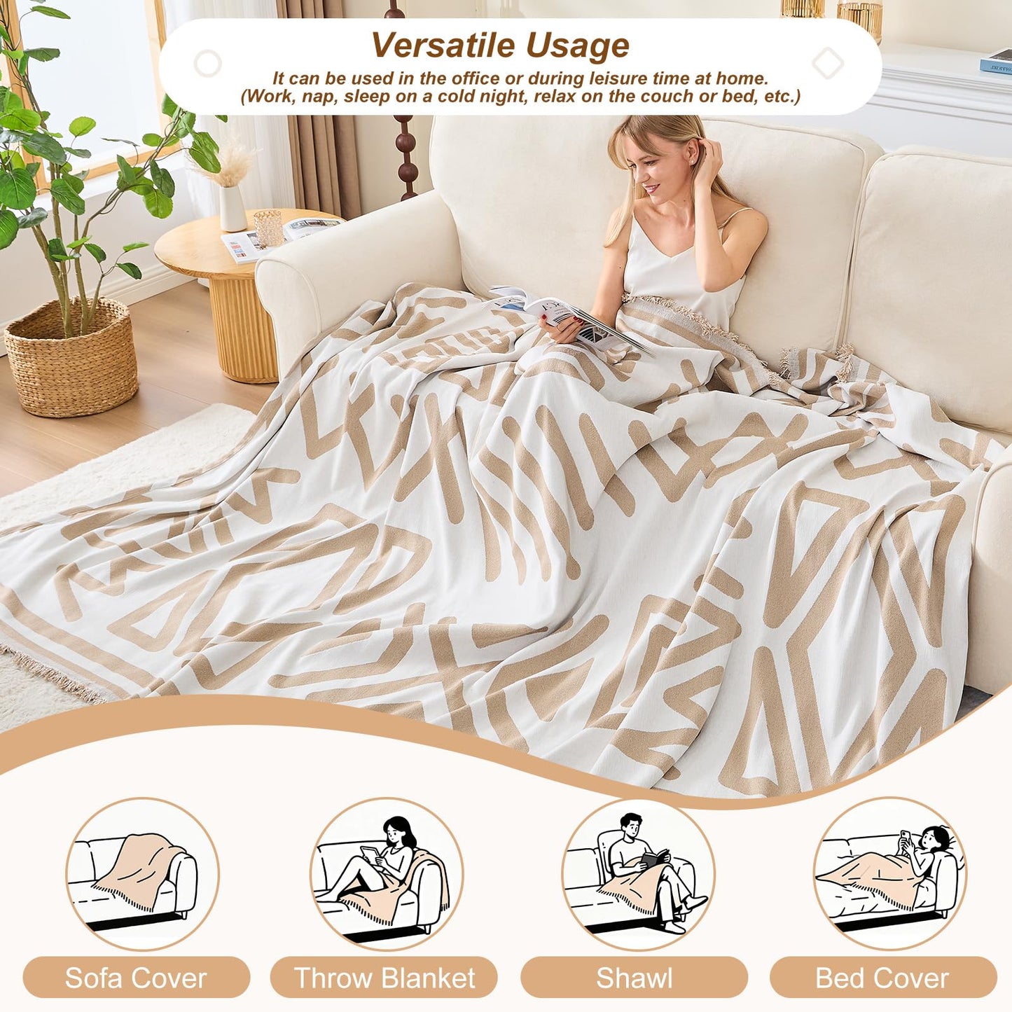Taque Boho Couch Cover Sofa Covers for 2 Cushion Couch, Couch Covers Washable Blanket Sofa Covers, Chenille L Shape Sectional Couch Covers for Dogs, Sofa Blanket Cover for Living Room (Khaki)