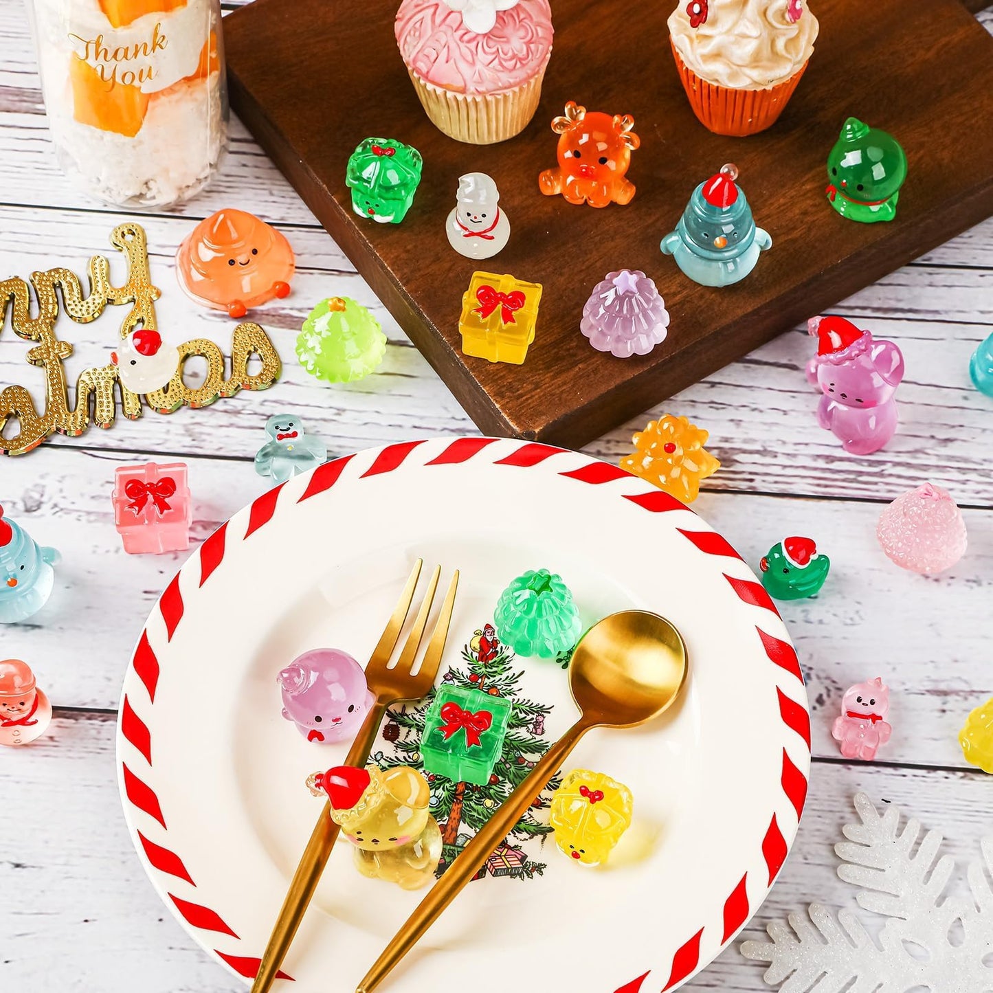 Jansun Mini Christmas Luminous Figurines, 45pcs Christmas Resin Snowman Christmas Tree Gift Box Gingerbread Man Glow in The Dark Decorations for DIY Crafts Xmas Party Gifts Garden Dollhouse Decor