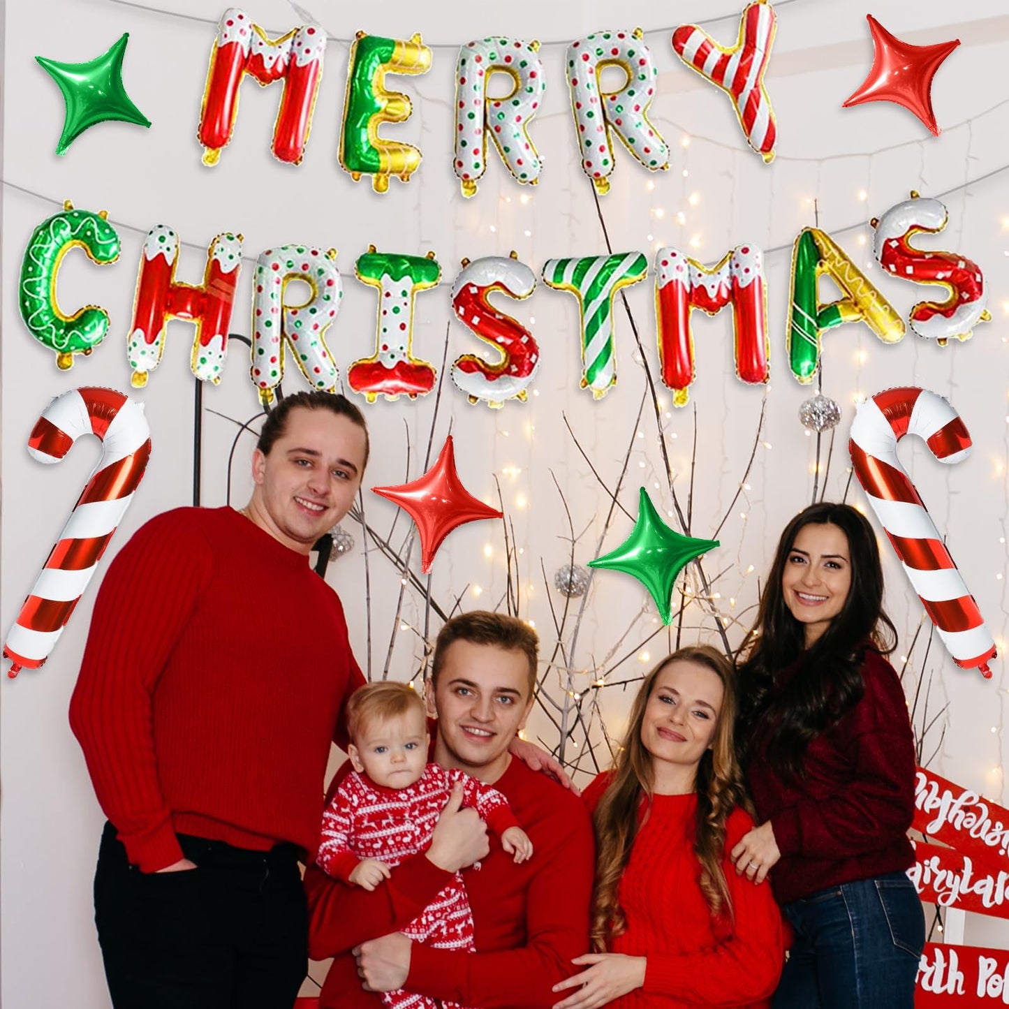 FunHot Merry Christmas Balloons Banner, Donut Merry Christmas Foil Balloons, 16 Inch Xmas Letter Balloon with Mini Candy Cane Green Red Star Balloon for Xmas Indoor Outdoor New Year Party Decor
