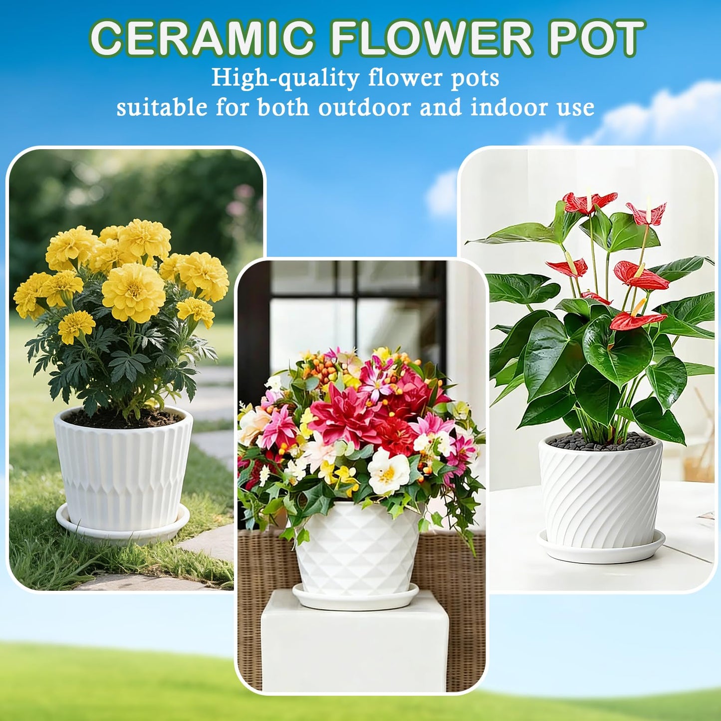 sietpoek Plant Pots - 5.5 Inch Cylinder Ceramic Planters with Connected Saucer, Pots for Succuelnt and Little Snake Plants, Set of 4, White