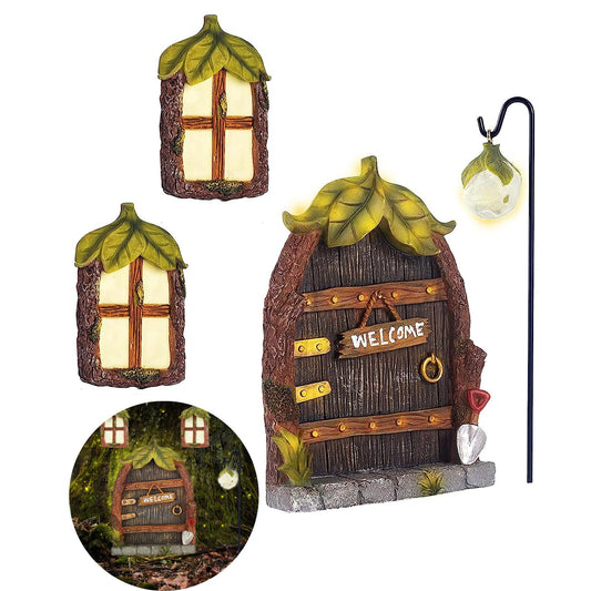 Jauay Miniature Fairy Garden Accessories Fairy Door and Windows for Trees, Glow in The Dark Yard Sculpture Lawn Ornament Mini Garden Art Outdoor Decor Accessories with Lantern