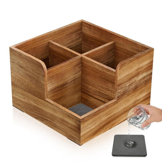 Yofidra Kitchen Utensil Holder with Stone Drying Mats, 4 Compartments Corner Utensil Holder for Kitchen Countertop, Extra Large Silverware Organizer (Wood Color)