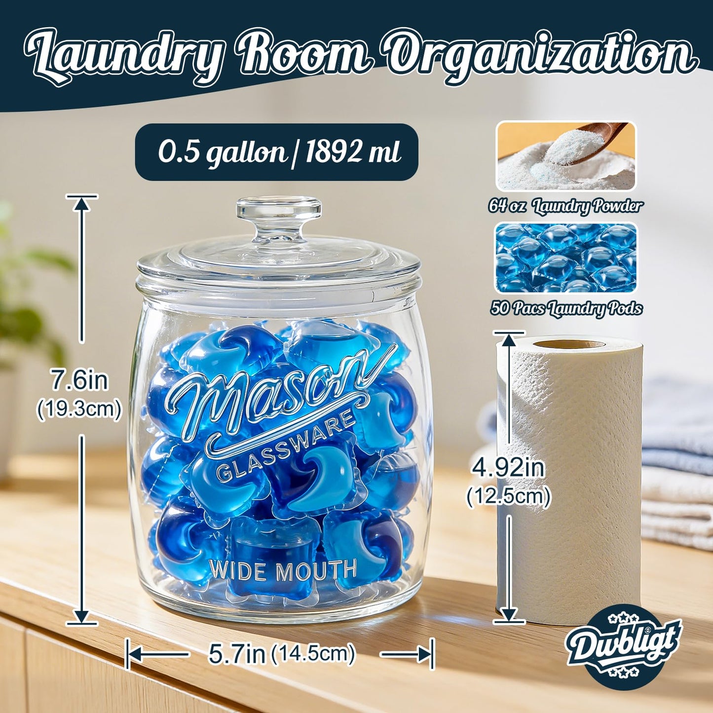 Dwbligt Half Gallon Cookie Jar, Glass Flour Sugar Storage Container for Kitchen Pantry & Laundry Room,Wide Mouth Mason Jar for Sourdough Starter, Candy, Flour, Dog Treats, Coffee - Set of 1