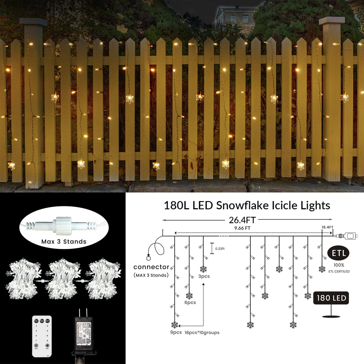 LitTerra Icicle Lights for Outside 180 LED 26.4ft 30 Drops Icicle Christmas Lights Outdoor Snowflake with 8 Mode Function Curtain String Lights Indoor for Patio Garden Bedroom (no Remote, 1)
