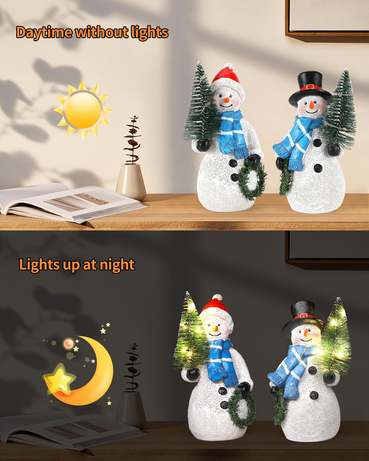 iStatue Resin Snowmen Figurines with Lighted Christmas Tree and Wreath 5'' - Set of 2 Battery Operated - Holiday Decorations Home Decor (Snowman)