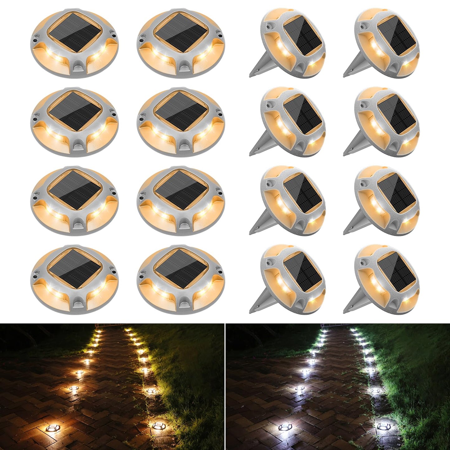 VOLISUN Solar Driveway Lights Dock Deck Lights 16 Pack,2 Colors in 1 Led IP67 Waterproof Outdoor Warning Step Lights for Driveway Sidewalk Pathway (White/Warm White)