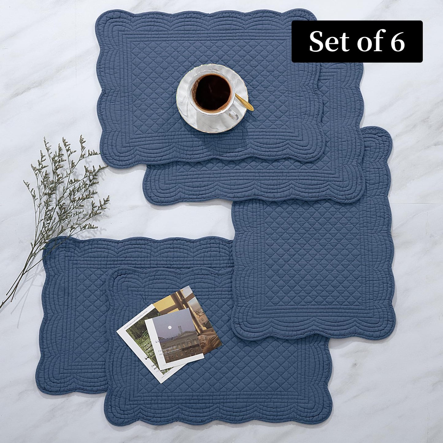 HOMBYS Quilted Placemats Set of 6 Washable-13x18 inches Rectangular Placemats for Kitchen Table-100% Cotton Fabric Rectangular Table Mats, (Sapphire Blue)