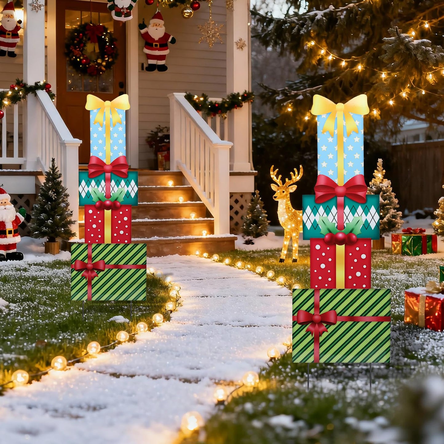 Bshine Outdoor Christmas Decoration Yard Sign, 41.5" Box Metal Stakes, Stackable Gift Boxes for Holiday Home Xmas Outdoor Garden, Lawn, Patio, Porch Decor, 4 Pack