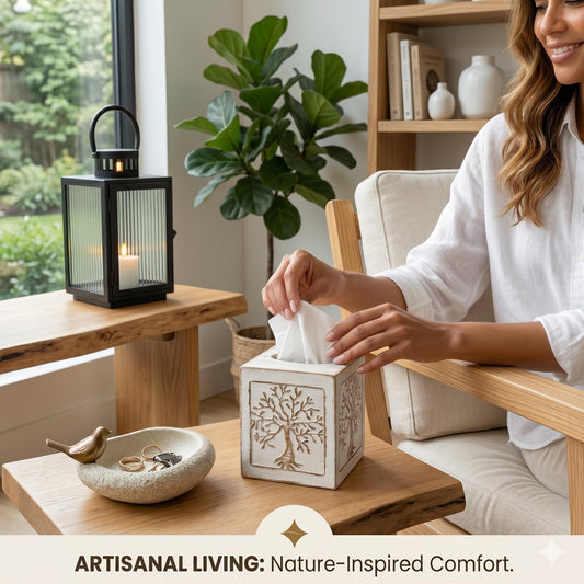 SwallowLiving Wooden Tissue Box Cover Square - Weighted Farmhouse Facial Tissue Holder with Sliding Bottom - Distressed White Tree of Life Dispenser for Bathroom Vanity, Bedroom & Living Room Decor