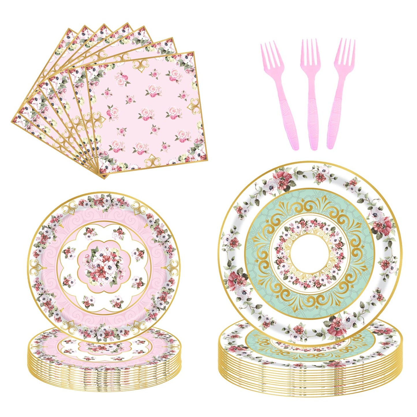 Fyeoxle 96pcs Floral Party Supplies Flower Paper Plates and Napkins Tableware Set for 24 Guest Floral Party Disposable Paper Dinner Plates Napkins Forks for Birthday Bridal Shower Tea Party Supplies