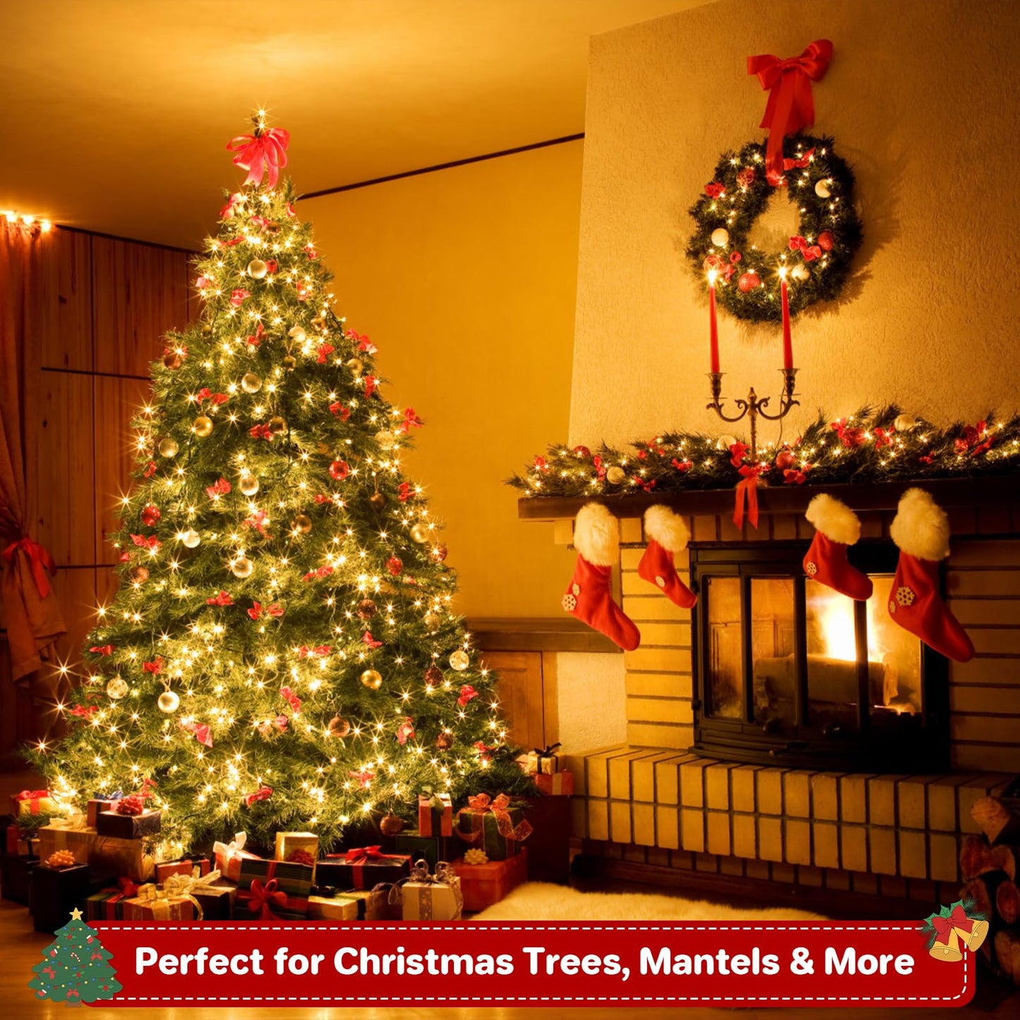 FairyGlim Christmas Lights Outdoor 100LED 33FT, Green Wire Connectable Christmas String Lights | 8 Modes Twinkle Fairy Lights Plug in with Timer, for Indoor Outside Xmas Trees Garden Party, Warm White