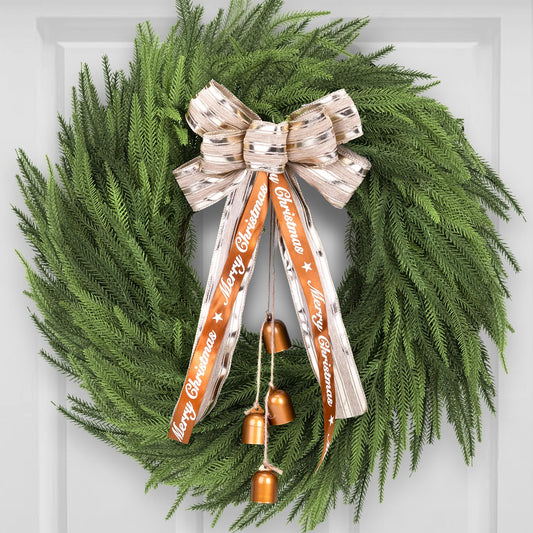Real Touch Norfolk Pine Wreath for Front Door, 24'' Christmas Wreaths with Bow & Bells, Large Faux Cedar Pine Green Wreath for Wall Window Home Farmhouse Decorations Outdoor Indoor