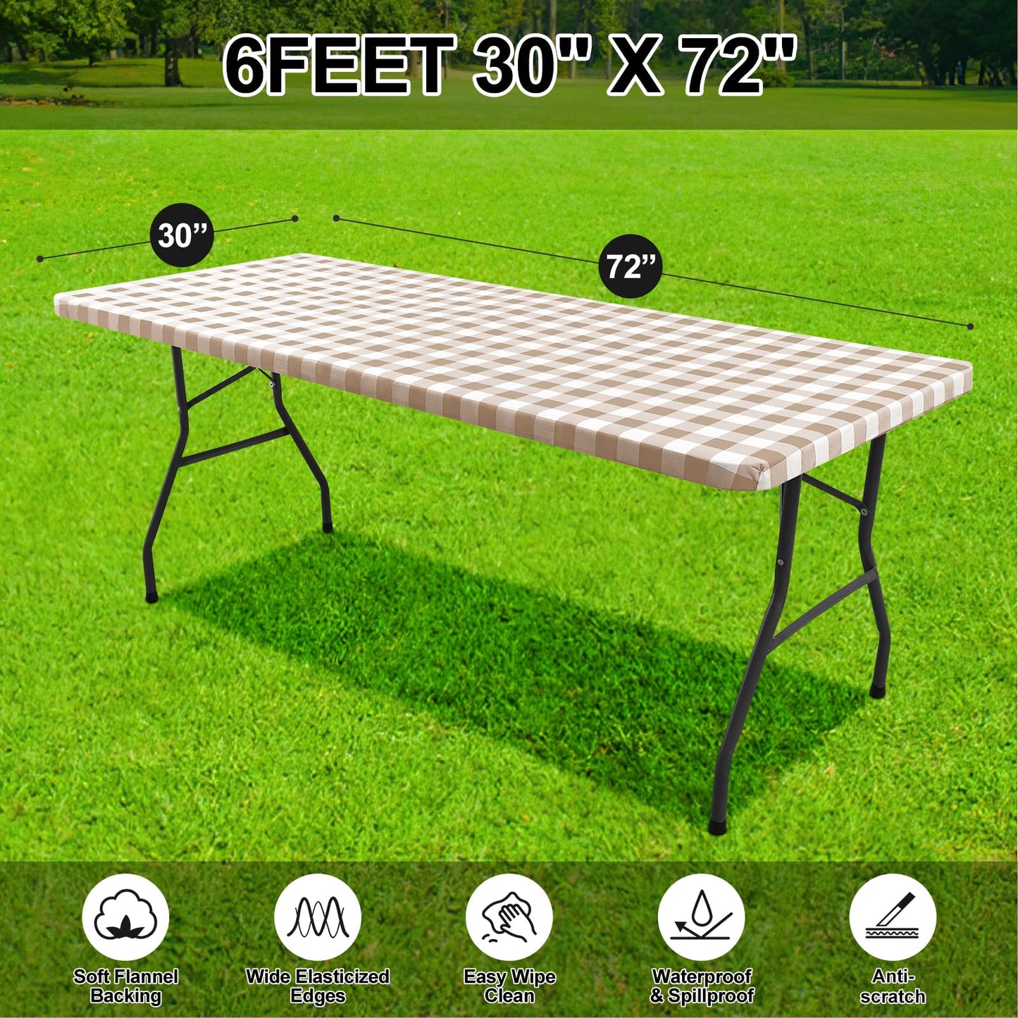 Smiry Rectangle Picnic Table Cloth, Elastic Waterproof Fitted Vinyl Tablecloths, Flannel Backed Buffalo Plaid Table Covers for Dining, Camping, Outdoor (White and Khaki, 30" x 72")