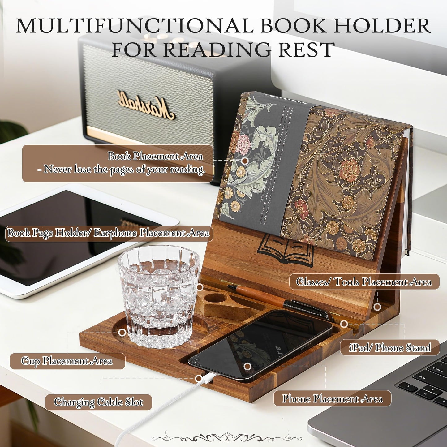 Book Holder Stand for Reading Rest, Wooden Foldable Book Rest with Book Page Holder, Cup, iPad & Phone Stand, Book Nook Reading Valet Desktop Triangle Bookstand Bookshelf for Readers Bookworms Gifts