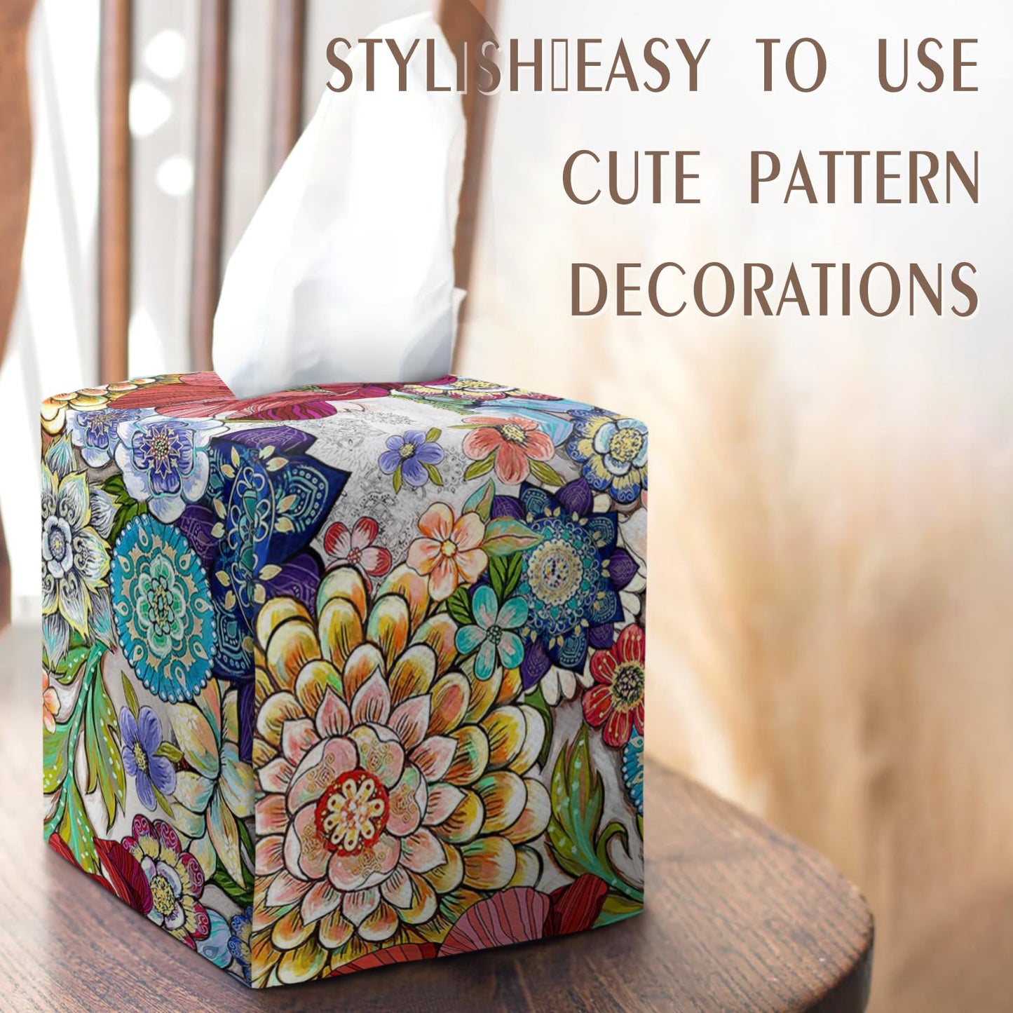 Tissue Box Cover Square Velvet Decorative Tissue Box Holder Cute Funny Cube Tissue Case Cover-Boho Floral Tissue Box Cover
