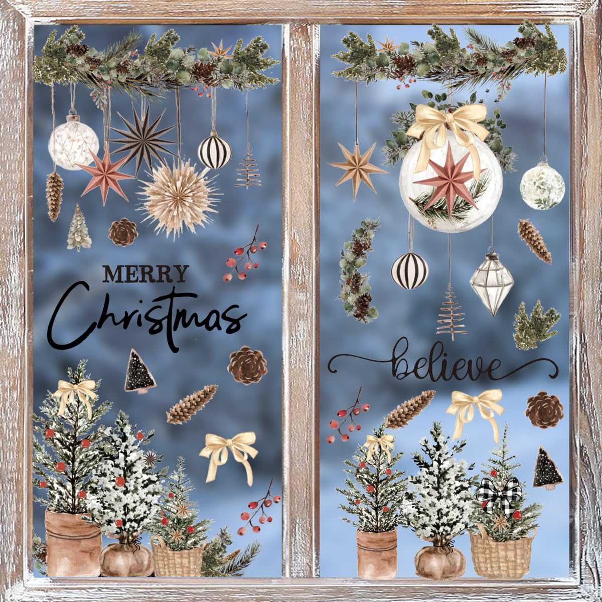 Horaldaily 45 PCS Christmas Window Cling Sticker, Brown Xmas Trees Ball Ornaments for Home Party Supplies Shop Window Glass Display Decoration