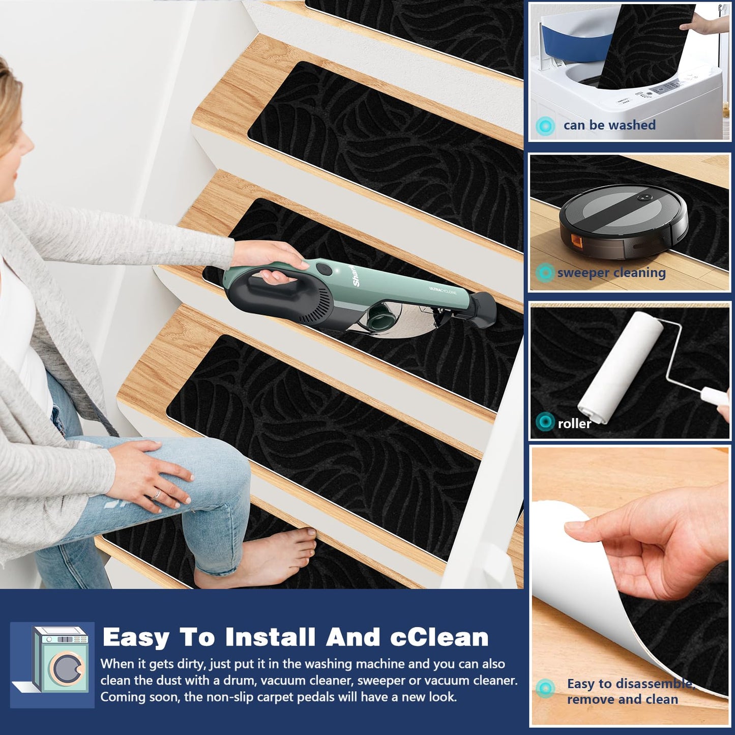 JAYFAN Non-Slip Stair Treads Mat Carpet for Wooden Steps(7/15 Pack), 21.6 x 7.4IN Self-Adhesive, Safety Indoor Stair Runner Mats, Anti Slip Stair Treads for Kids Elders and Dogs Pets