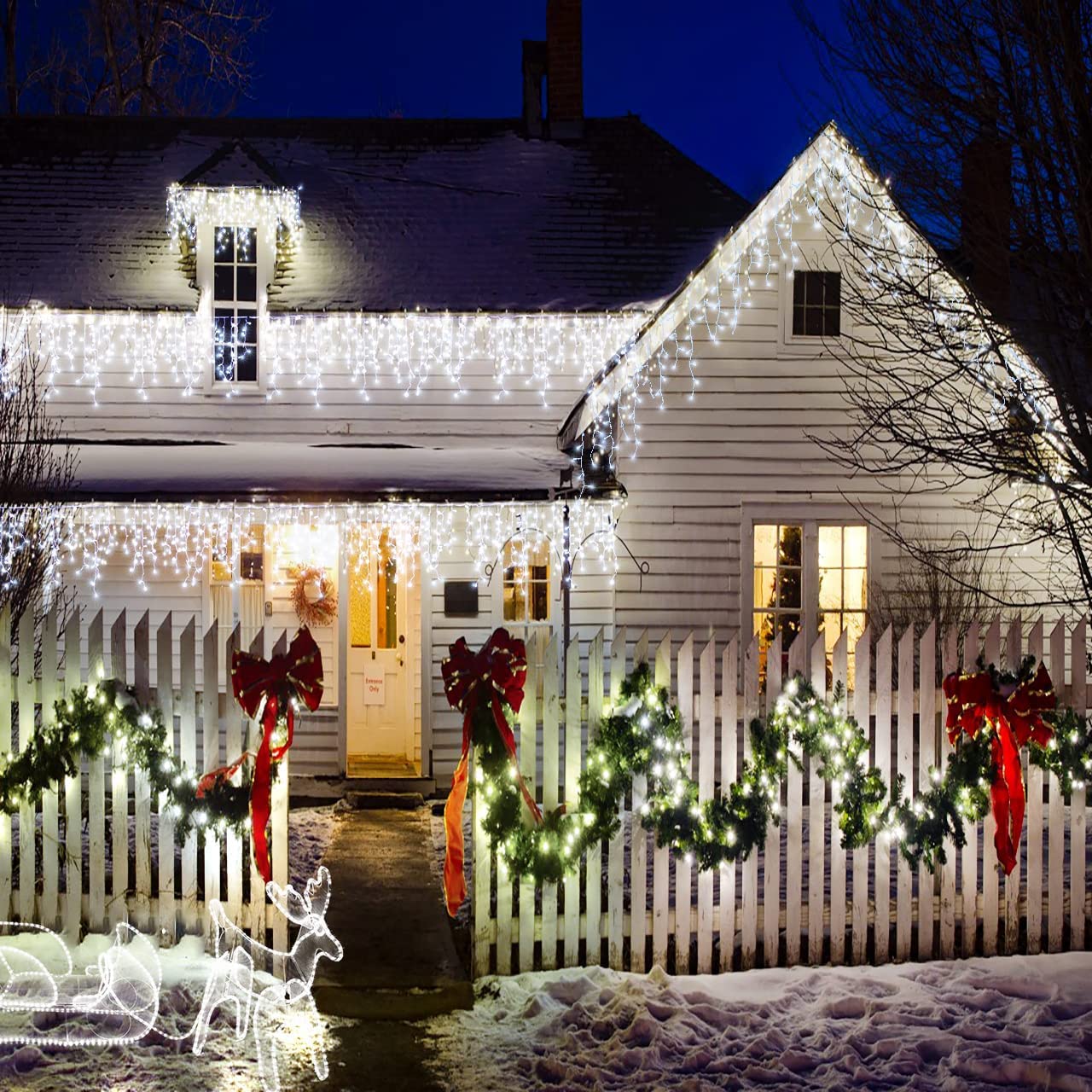 oopswow Icicle Lights Outdoor Decorations 300 LED 33ft 8 Modes Curtain Fairy String Light with 50 Drops, LED String Light Indoor for Wedding Party Holiday Christmas Decorations,White
