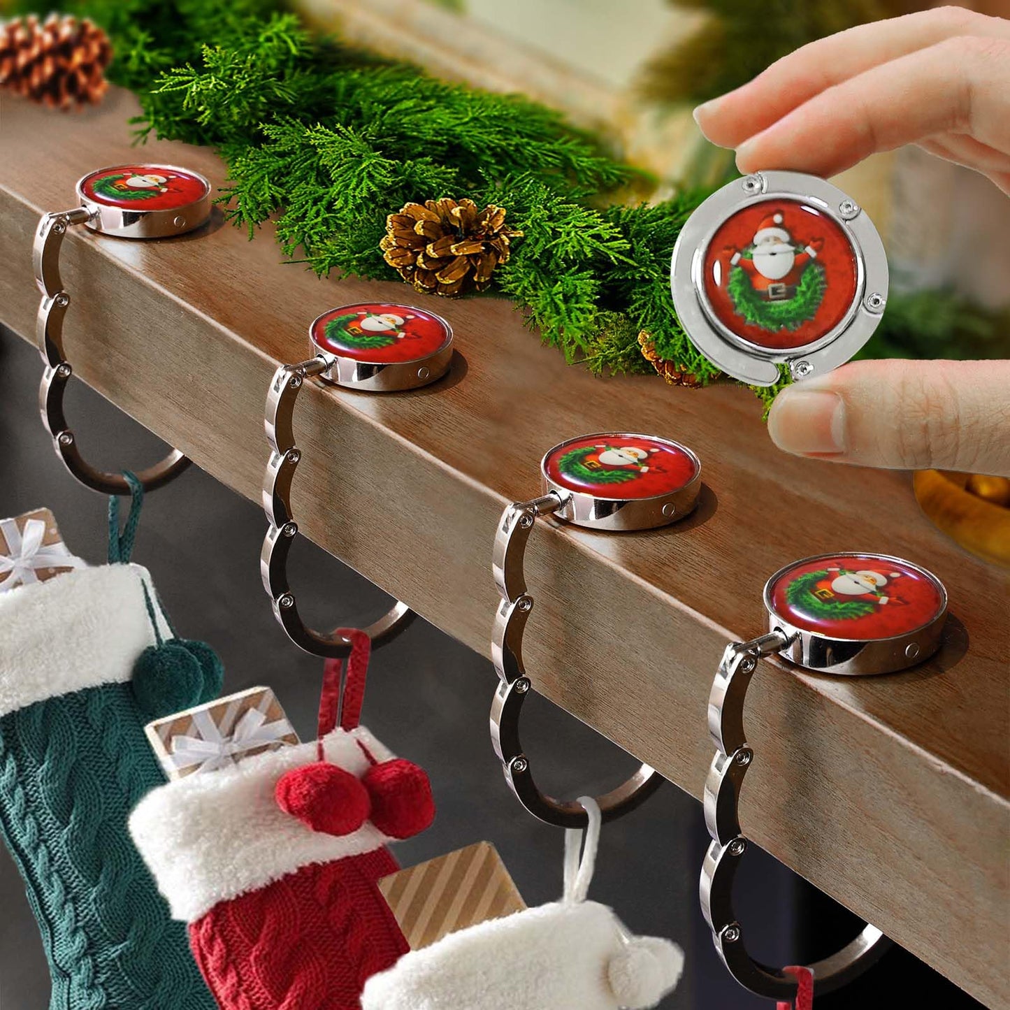 Christmas Stocking Holders for Mantle Set 4,Upgrade Non-Slip Fireplace Stocking Hooks,Lightweight Metal Stocking Hangers for Mantel Santa Claus Xmas Decoration Party Decor Silver Flat Weighted