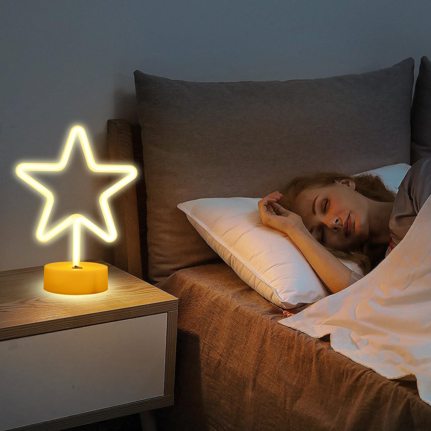 ENUOLI Warm White Star Shaped LED Neon Light Lamp with Base Battery Operated USB Powered LED Star Neon Sign Home Christmas Decoration Lights for Home Hotel Bedroom Store Decoration Night Light
