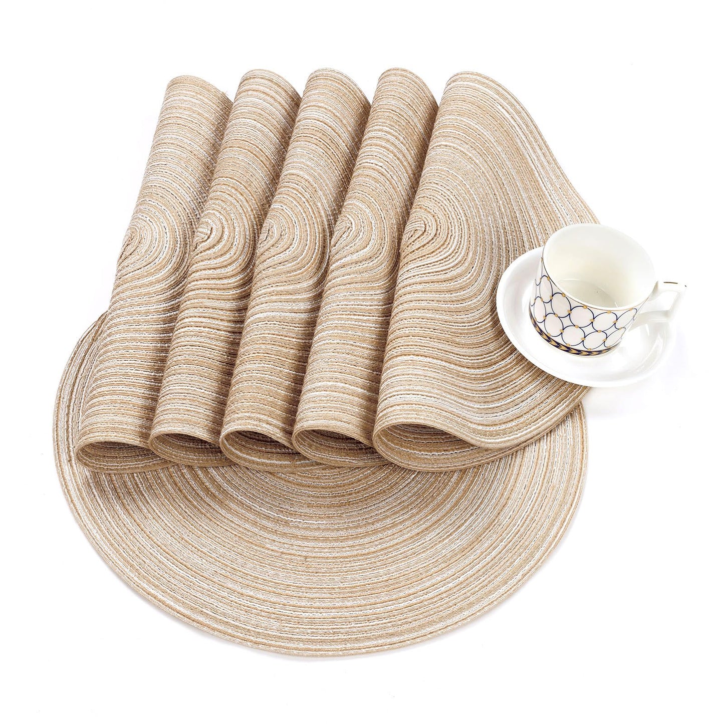 SHACOS Round Placemats Set of 6 Cotton Polyester Braided Place Mats 15 inch Heat Resistant Washable Table Mats for Kitchen Dining Party Natural Table Decor (Beige, 6)