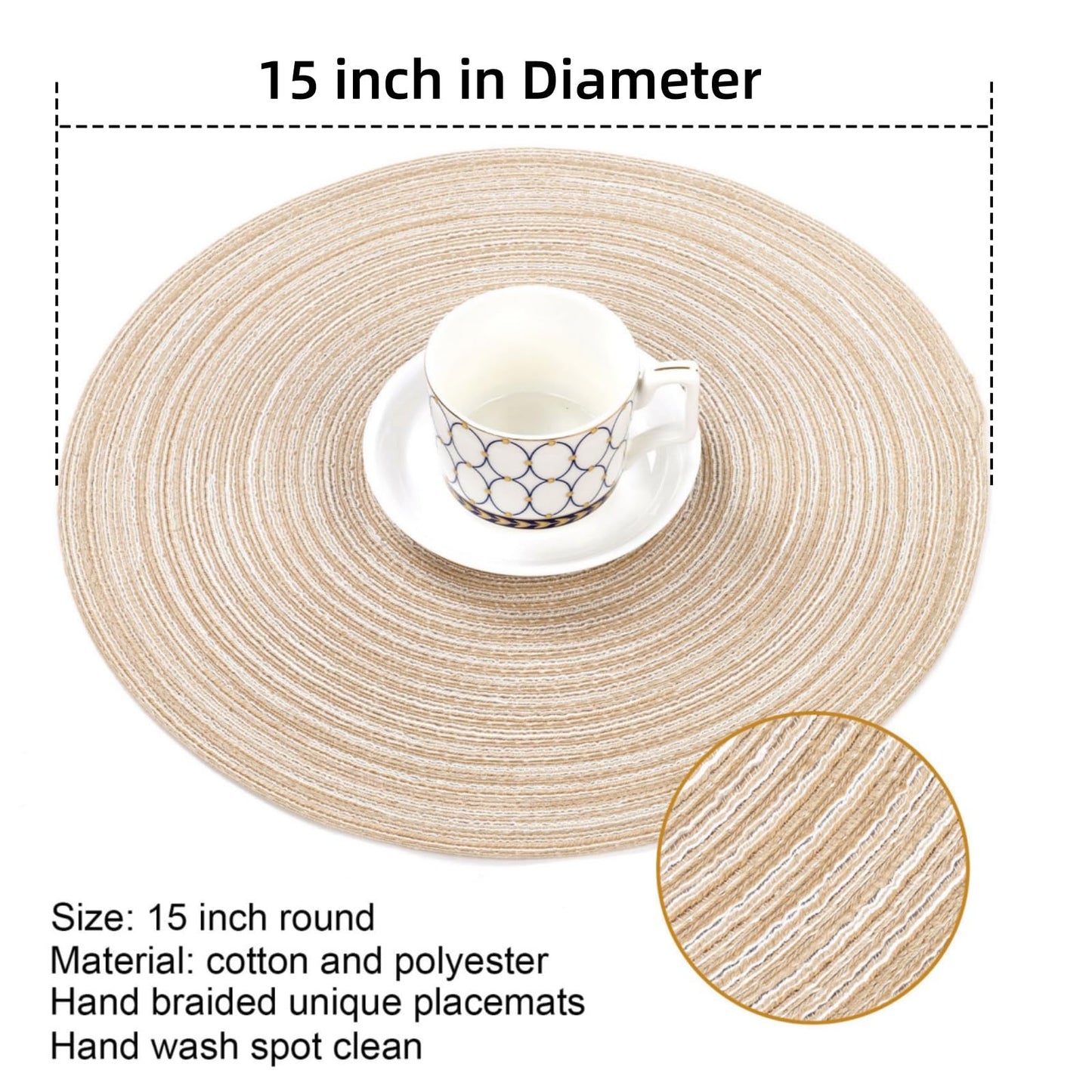 SHACOS Round Braided Placemats Set of 4 Round Table Mats for Dining Tables 15 inch Non Slip Washable Kitchen Table Place Mats Natural Farmhouse Decor (Beige, 4)