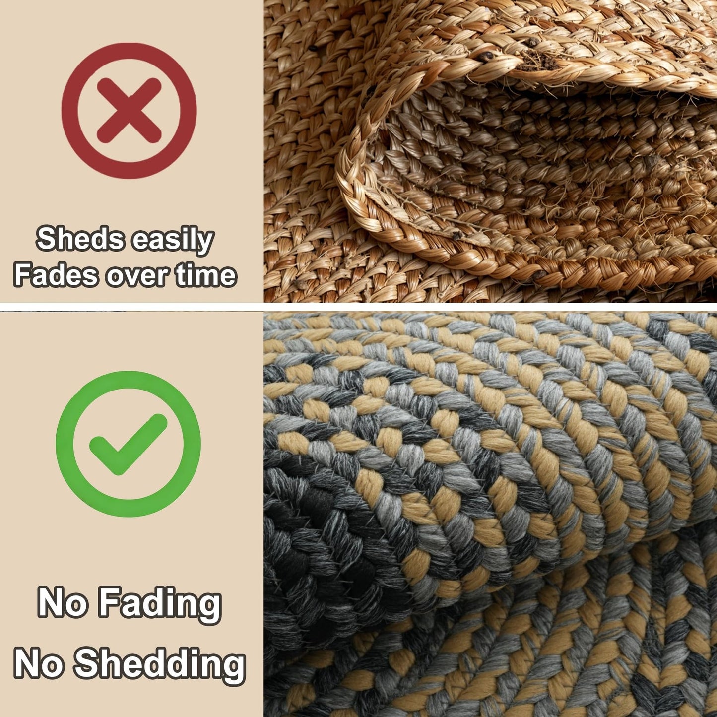 RCTJHOME 2x3 Oval Braided Entryway Rug, Farmhouse Kitchen and Floor Mat for Indoor/Outdoor Use, Door Mat with Anti-Slip Pads for High Traffic Areas, Rope Rug Without Rubber, Brown with Black