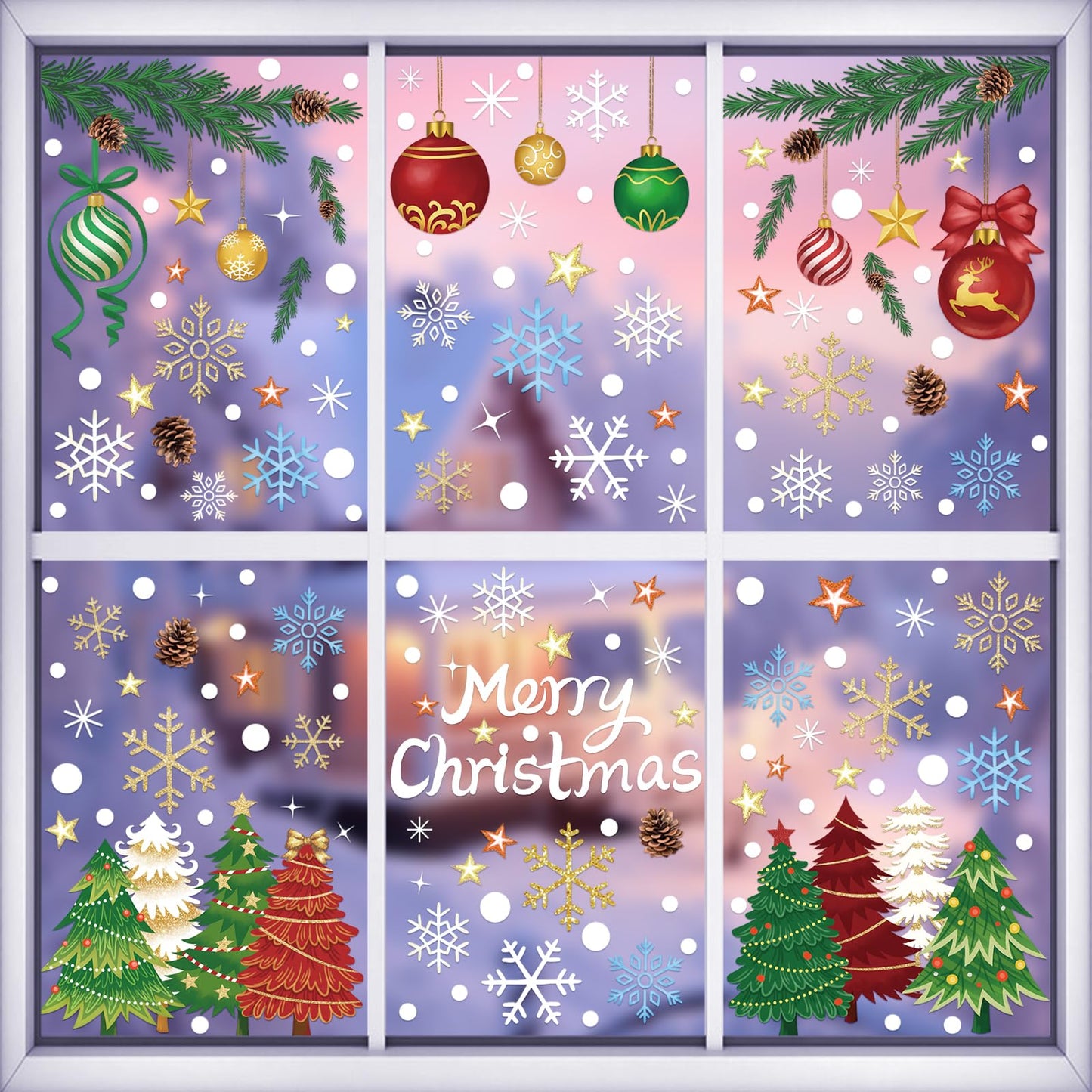 Merry Christmas Window Clings - 5 Sheets 173 Pcs Winter Holiday Window Stickers Christmas Tree Pine Branches Snowflake Decal for Glass Windows for Xmas Classroom Home Office Shop Display