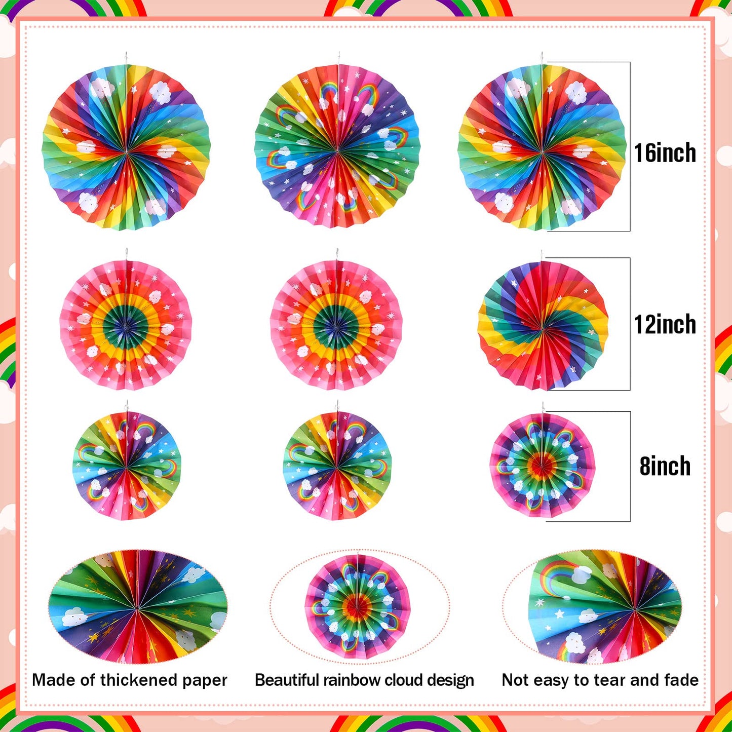 Outus 9 Pcs Rainbow Party Decorations Paper Fans Boho Classroom Bulletin Board Decor Ceiling Wall Hanging Paper Fans for Rainbow Birthday Baby Shower Party Supplies