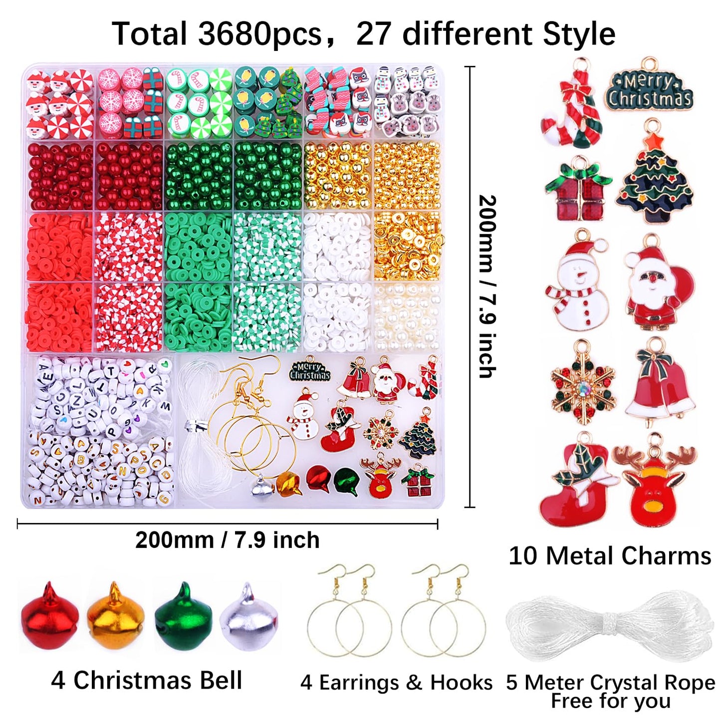 BBita 3680pcs Christmas Polymer Clay Beads Charms for Bracelets Making Kit Christmas Tree Snowman Santa Claus Snowflakes Bells Socks elk Friendship DIY Arts Crafts Gifts for Kids Girls